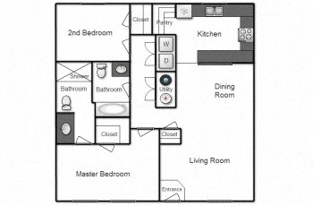 Floor plan for 2 beds, 1.5 baths, 1045 sqft